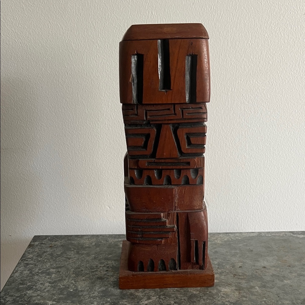 Vintage Carved Wood Tiki or Aztec box with Lid